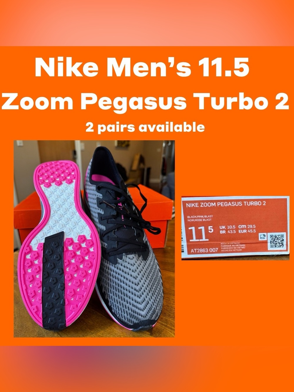 NIB Nike Men's 11.5 Zoom Pegasus Turbo 2 - Black & Pink